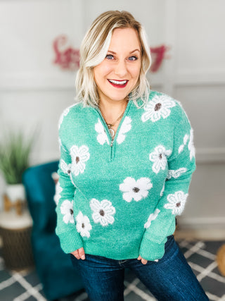 Flower Half Zip Long Sleeve Sweater