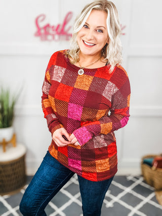 You Got This Burgundy Checker Plaid Print Hacci Knit Top