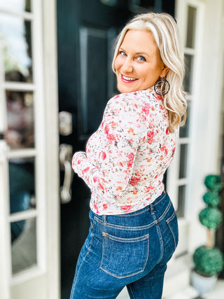 Out To Lunch Floral Mock Neck Sheer Long Sleeve Blouse