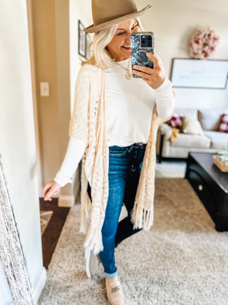 Crochet All Day Open Front Cardigan with Fringe Detail