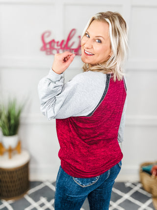 Autumn Vibes Grey & Burgundy Color Block Raglan Sweater