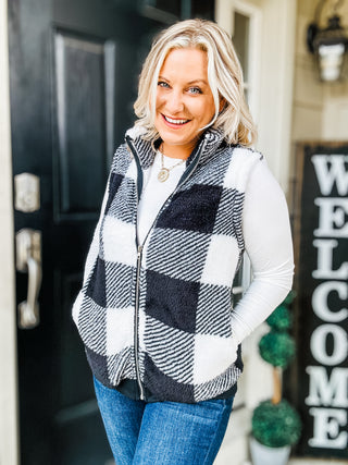 Together Again Pocketed Plaid Zip Up Vest