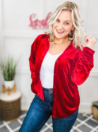 Holiday Chic Velour Button Up Long Sleeve Shirt