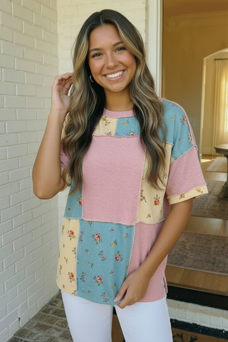 Patchwork Floral Waffle Knit Top