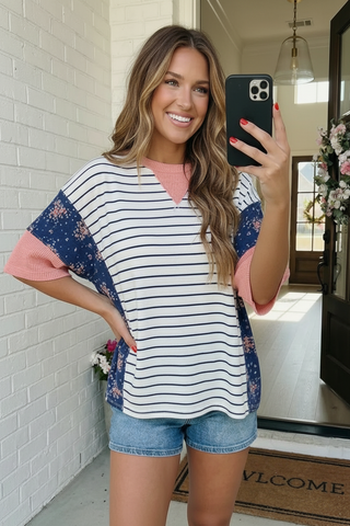 Stripe and Floral Mixed Media Oversized Top