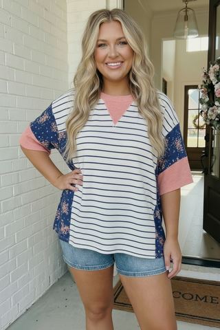 Stripe and Floral Mixed Media Oversized Top