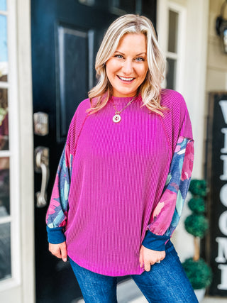 Weekend Ready Magenta & Navy Floral Mineral Wash Rib Dolman Top