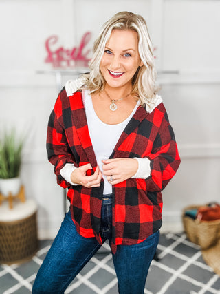 Stepping Out Red Buffalo Plaid Ribbed Hooded Sweater