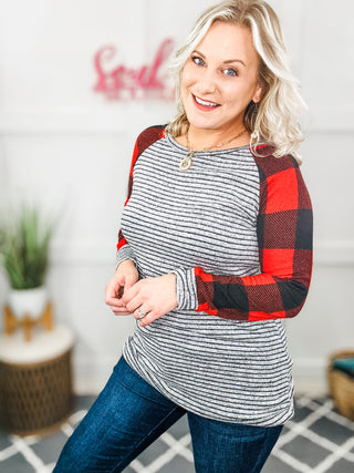 Adorable Red & Grey Striped Plaid Longline Raglan Top