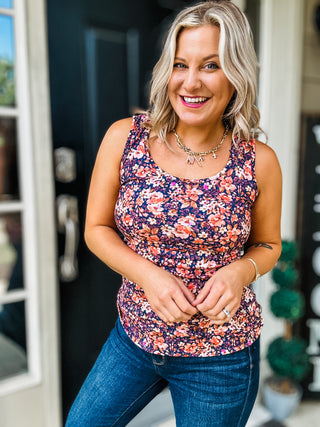 IN STOCK Luxe Crew Tank - Navy Floral Mix