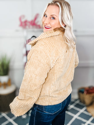 Casual Chic Latte Corduroy Ribbed High Neck Puffer Jacket