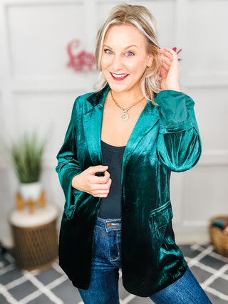 Holiday Stunner Hunter Green Velvet Lapel Blazer