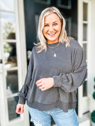 Weekend Ready Charcoal Mineral Wash Rib Pullover Top