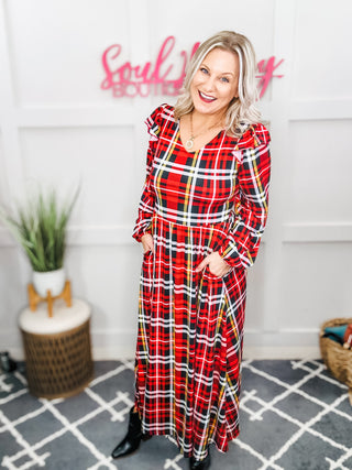 Adorable In Red Plaid Ruffle Detail Fit & Flare Midi Dress