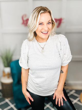 Diamonds and Pearls Puff Sleeve Top in Light Grey