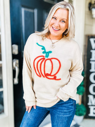 Pumpkin Spice Metallic Yarn Embroidered Oversized Sweater