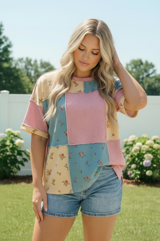 Patchwork Floral Waffle Knit Top