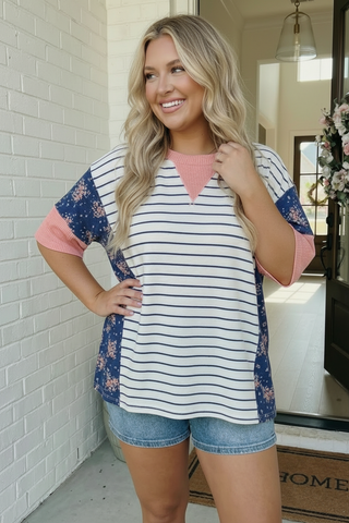 Stripe and Floral Mixed Media Oversized Top