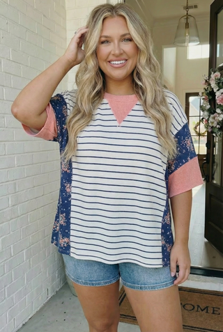 Stripe and Floral Mixed Media Oversized Top