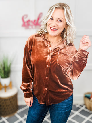 Holiday Chic Velour Button Up Long Sleeve Shirt