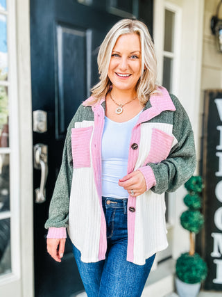 Pretty In Pink & Olive Color Block Button Down Ribbed Shacket