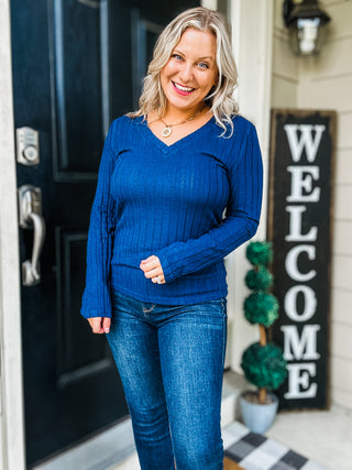 Everyday Chic Ribbed V-Neck Long Sleeve Top