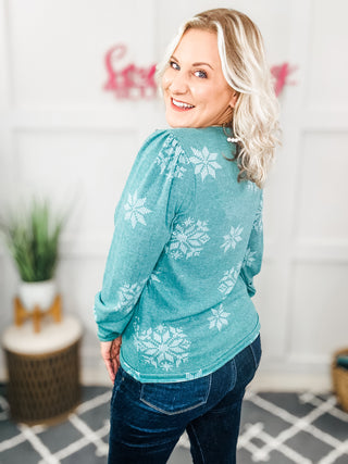 Holiday Ready Green Snowflake Brushed Hacci Sweater Top