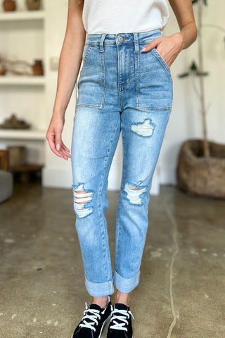 Judy Blue Distressed Straight Jeans with Patch Pockets