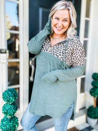 Diva Dreams Olive Leopard Print Half Zip Longline Hoodie