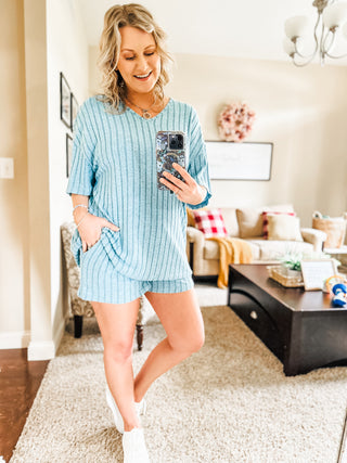 Mellow Days Cozy Ribbed Hacci Knit Shorts and Short Sleeve Lounge Set