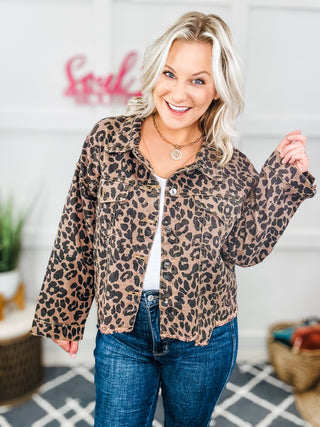 Fiercely You Raw Hem Leopard Collared Denim Jacket