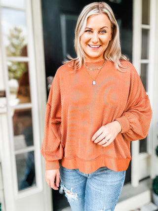 Weekend Ready Rust Mineral Wash Rib Pullover Top