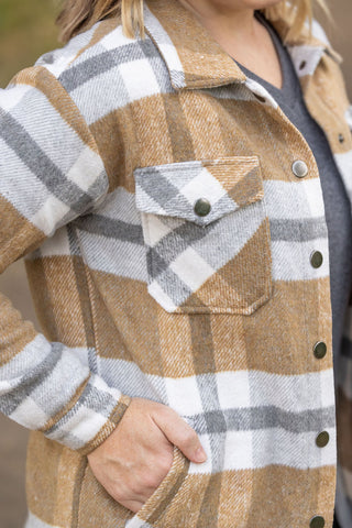 IN STOCK Norah Plaid Shacket - Camel and Grey