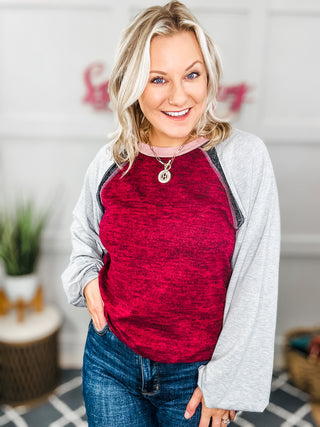 Autumn Vibes Grey & Burgundy Color Block Raglan Sweater