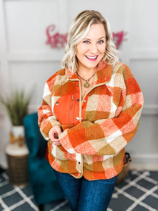 It's Your Best Rust & Camel Plaid Sherpa Button Down Jacket