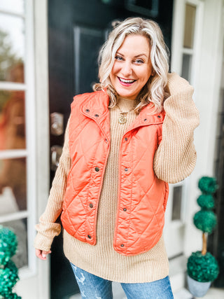 Weekend Ready Rust High Neck Snap Button Quilted Puffer Vest