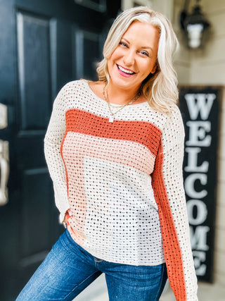 Some Kind Of Wonderful Openwork Color Block Long Sleeve Knit Top