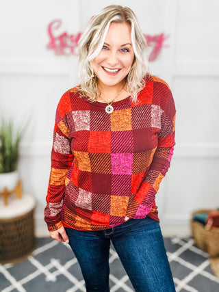 You Got This Burgundy Checker Plaid Print Hacci Knit Top