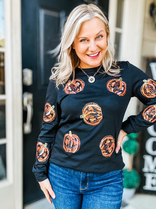 Sequin Pumpkin Patch Long Sleeve Top