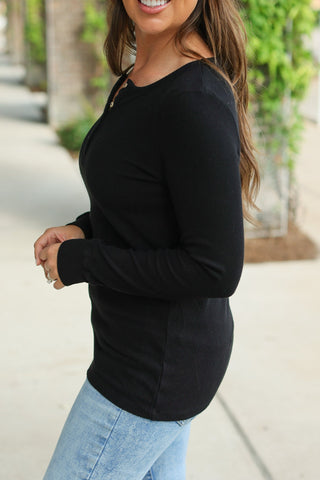 IN STOCK Brielle Henley Ribbed Long Sleeve - Black