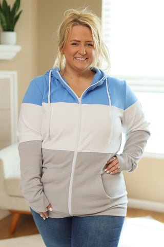 IN STOCK Colorblock Fullzip Women's Hoodie | Detroit Blue, White, Grey