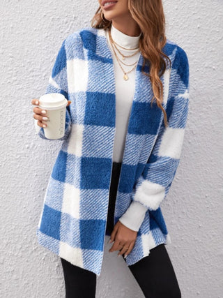 Let's Stay Home Plaid Hooded Blanket Cardigan