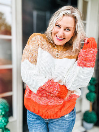 Adorable You Camel & Orange Color Block Sweater