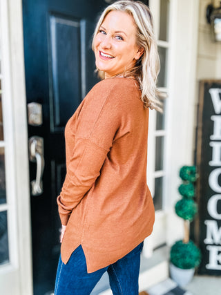 V-Neck Front Seam Sweater in Deep Camel