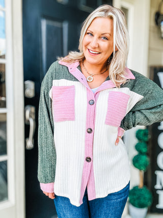 Pretty In Pink & Olive Color Block Button Down Ribbed Shacket