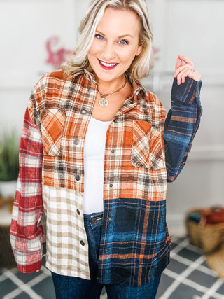 Catch Glances Muticolor Plaid Color Block Snap Button Shacket