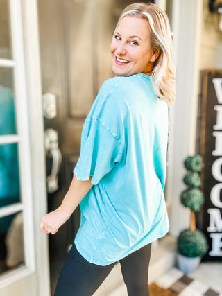 Don't Mind Me Mineral Wash Drop Shoulder Tee in Turquoise