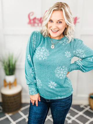 Holiday Ready Green Snowflake Brushed Hacci Sweater Top