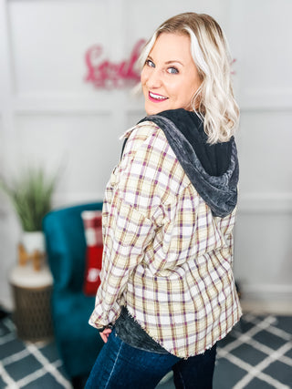 Casual Living Taupe & Yellow Plaid Two Fer Shacket Hoodie