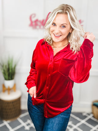 Holiday Chic Velour Button Up Long Sleeve Shirt